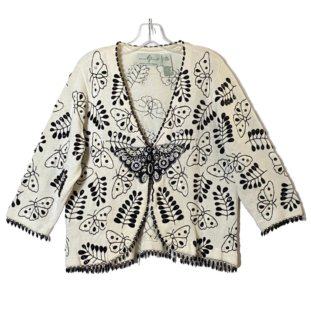 Design Options Phillip Jane Gordon Butterfly Cardigan Medium Beaded Sequin Flaws